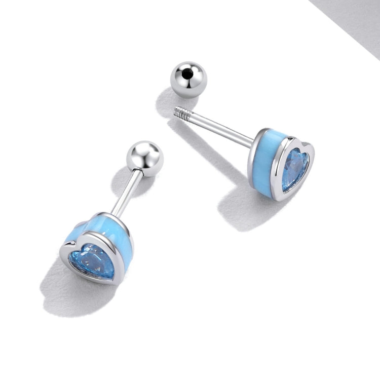 Blue heart CZ stud earrings with silver posts and round butterfly backs