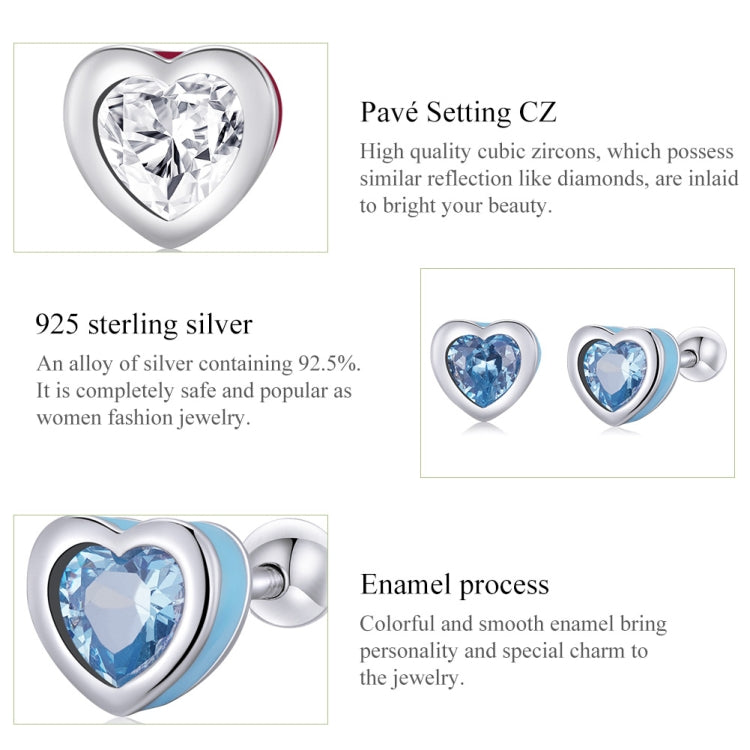 Heart zircon stud earrings with blue CZ and silver enamel border
