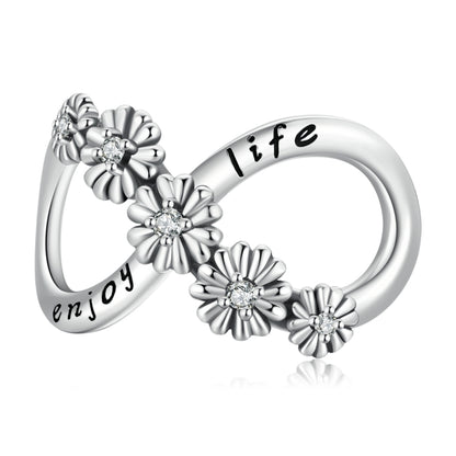 Sterling silver flower bead bracelet with crystal centers and engraved words
