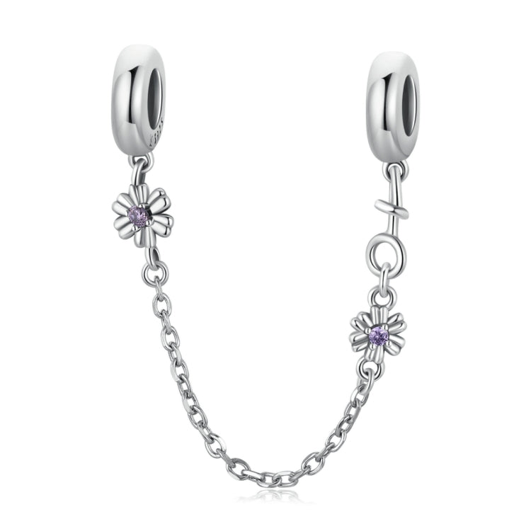 Sterling silver charm safety chain bracelet with purple flower and two clasp loops