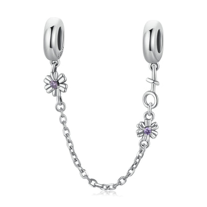 Sterling silver charm safety chain bracelet with purple flower and two clasp loops