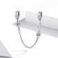 Sterling silver safety chain bracelet with purple flower charms and round clasp links