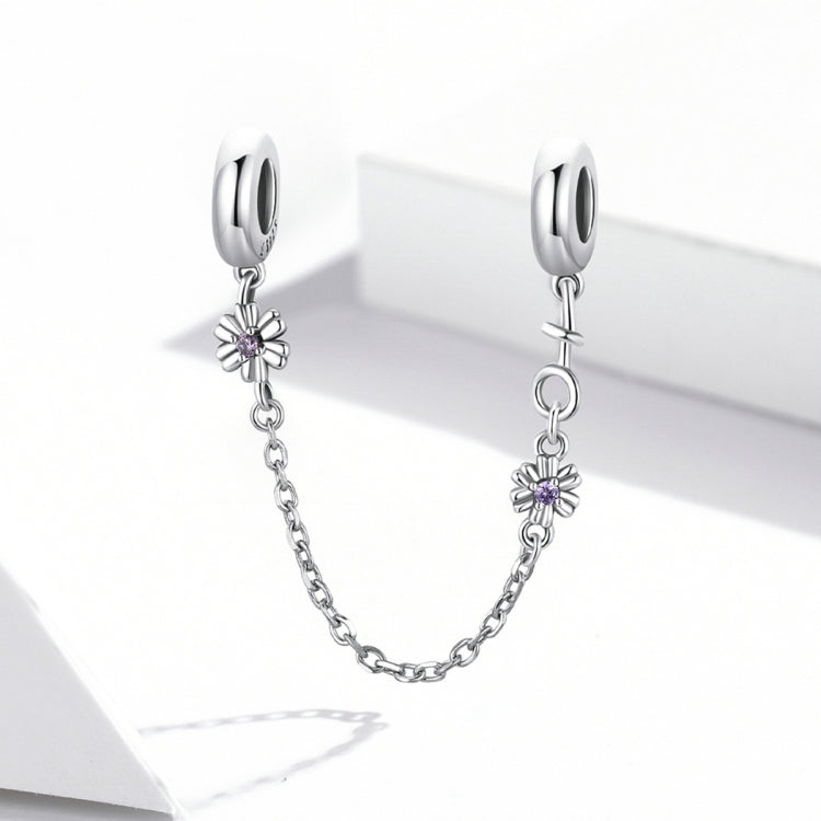 Sterling silver safety chain bracelet with purple flower charms and round clasp links