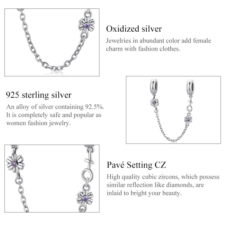 Sterling silver flower safety chain bracelet with purple CZ accents