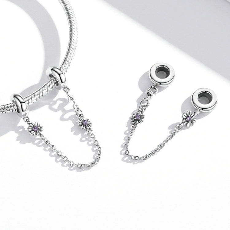 Silver bracelet safety chain with purple flower charm and swivel end loops