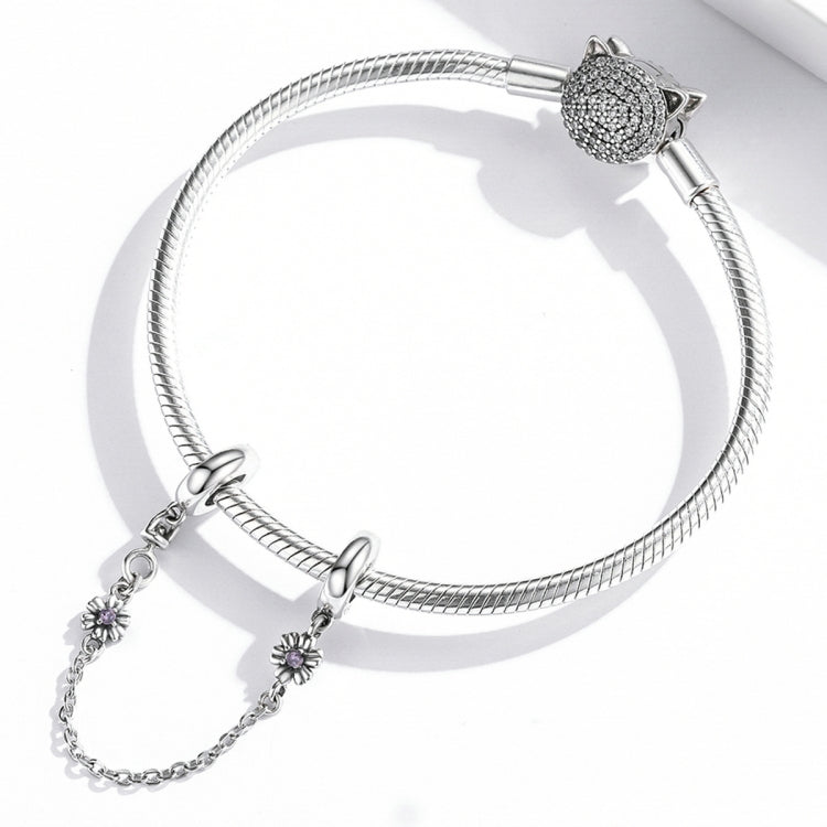 925 sterling silver bracelet safety chain with purple flower charm and snap link