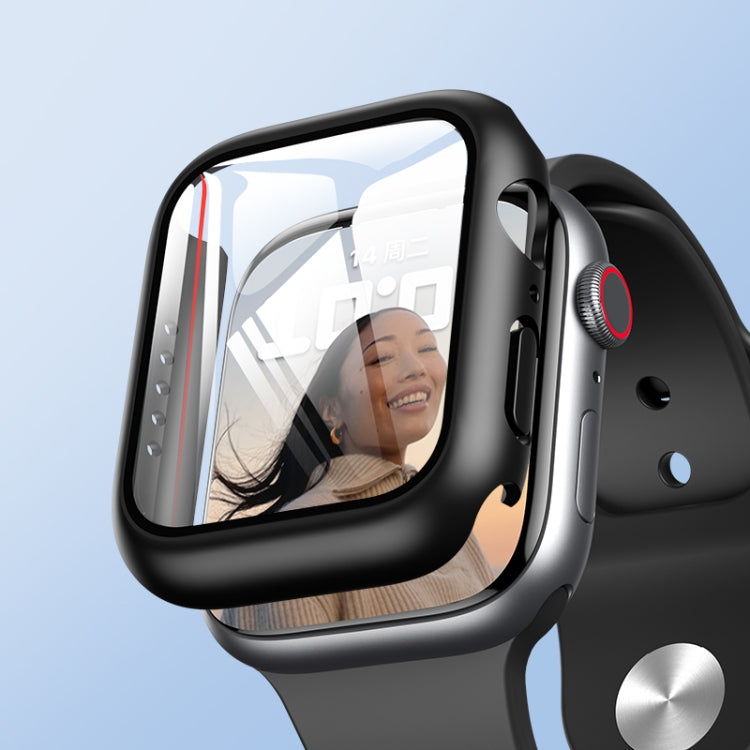 Black Apple Watch case with clear tempered glass cover over the display