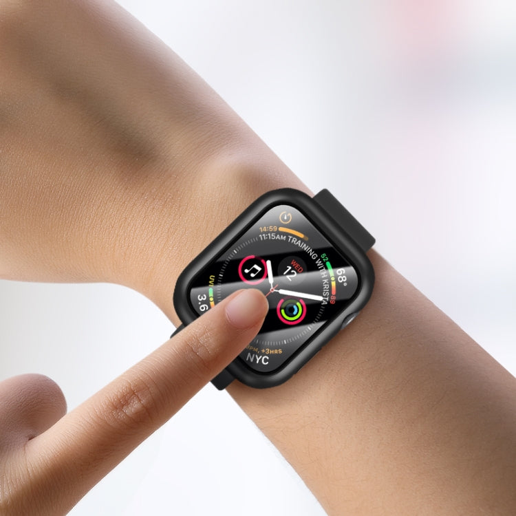 Black Apple Watch case installed on wrist with tempered glass screen protector