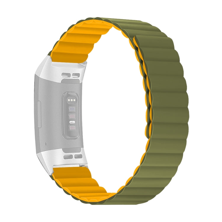 Silicone watch band with olive green links and yellow-orange edge accents