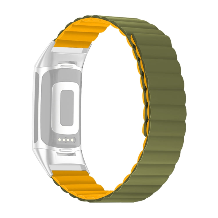 Silicone watch band with olive green links and yellow-orange edge accents