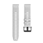 White silicone watch band with vented holes and black clasp buckle.