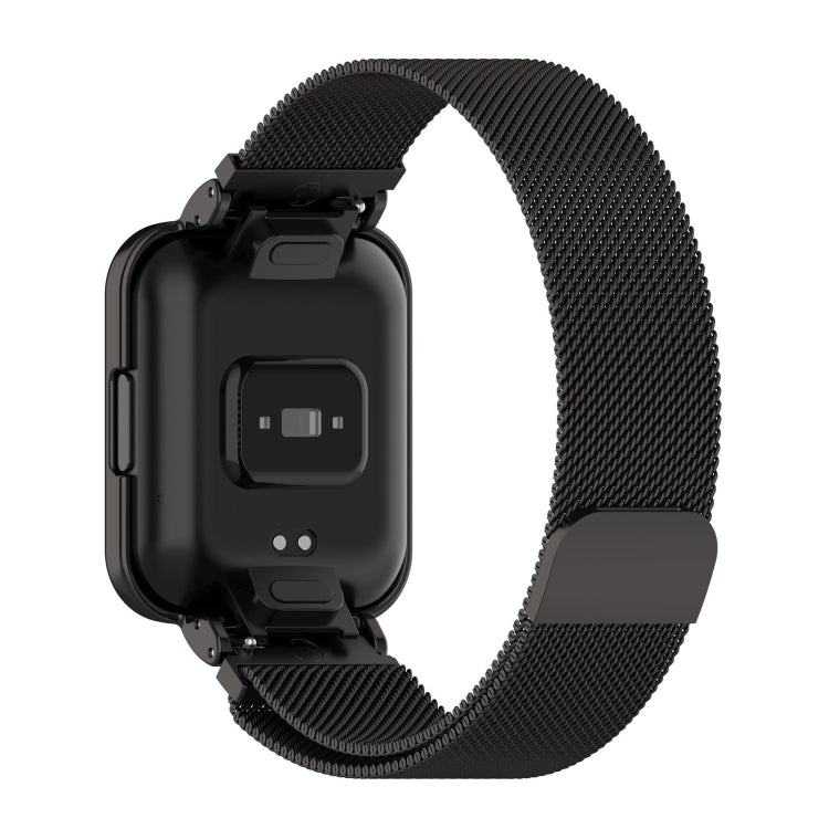 Milanese metal mesh watch band in black, showing back of watch and strap