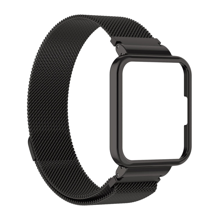 Milanese metal mesh watch band in black, side front view with square case