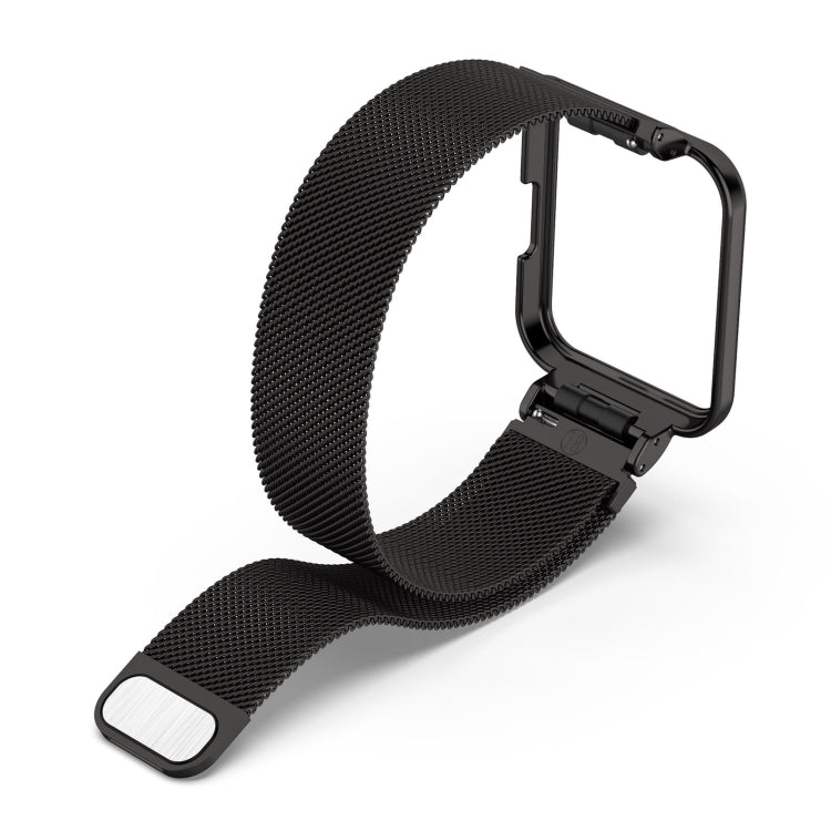 Milanese metal mesh watch band in black, side view with clasp strap tab