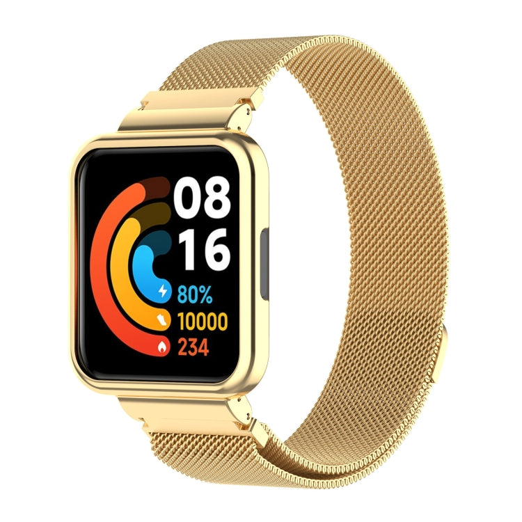 Milanese metal mesh watch band in gold, with square watch case and clasp