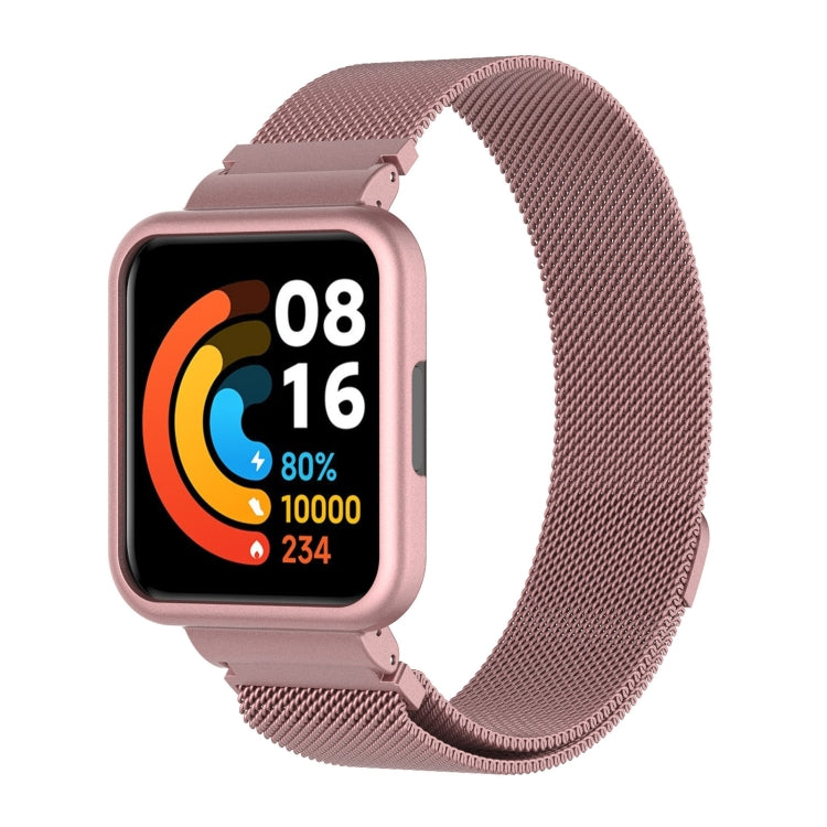Milanese metal mesh watch band in rose pink, with square watch case and clasp