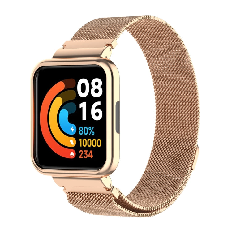 Rose gold milanese watch band with fine metal mesh for smartwatch; clasp at strap end