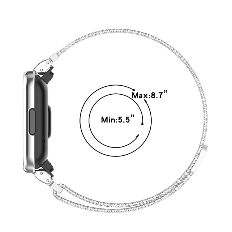 Silver milanese watch band showing size range: Min 5.5 in, Max 8.7 in