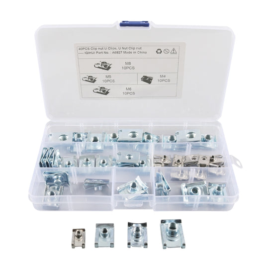 Clip nut assortment in clear organizer box, galvanized B-shaped nuts with threaded inserts
