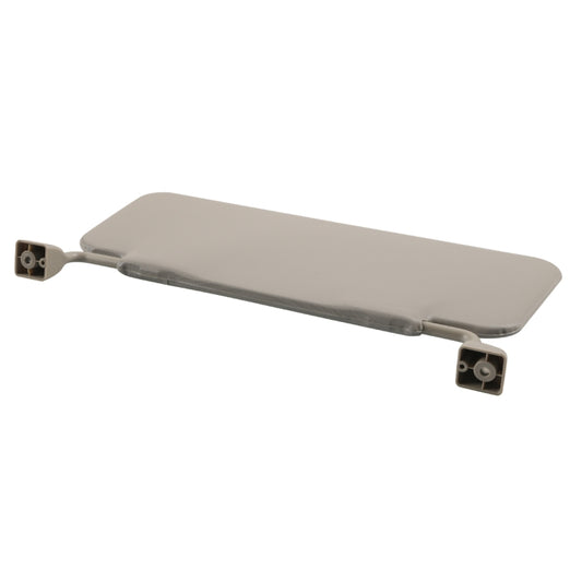 Light gray adjustable sun visor with two end mounting tabs and transparent edge panel