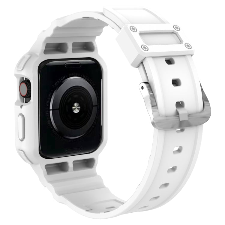 White rugged Apple Watch strap viewed from side, with buckle and perforated band