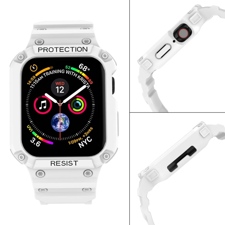 White rugged Apple Watch strap front view with black-and-white strap detail