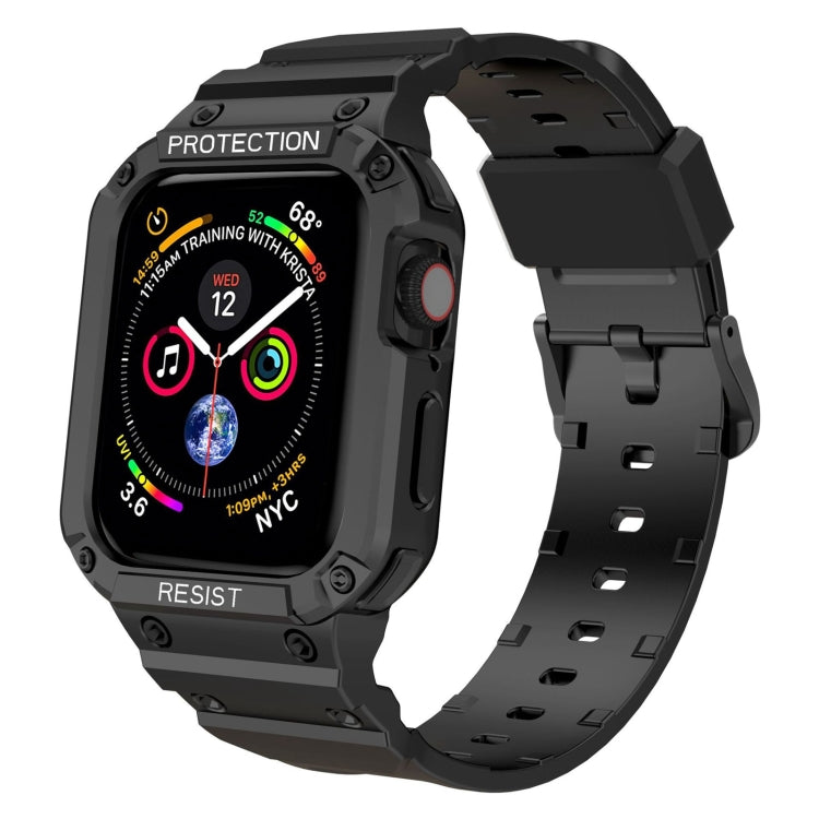 Black rugged Apple Watch strap with integrated case and perforated silicone band