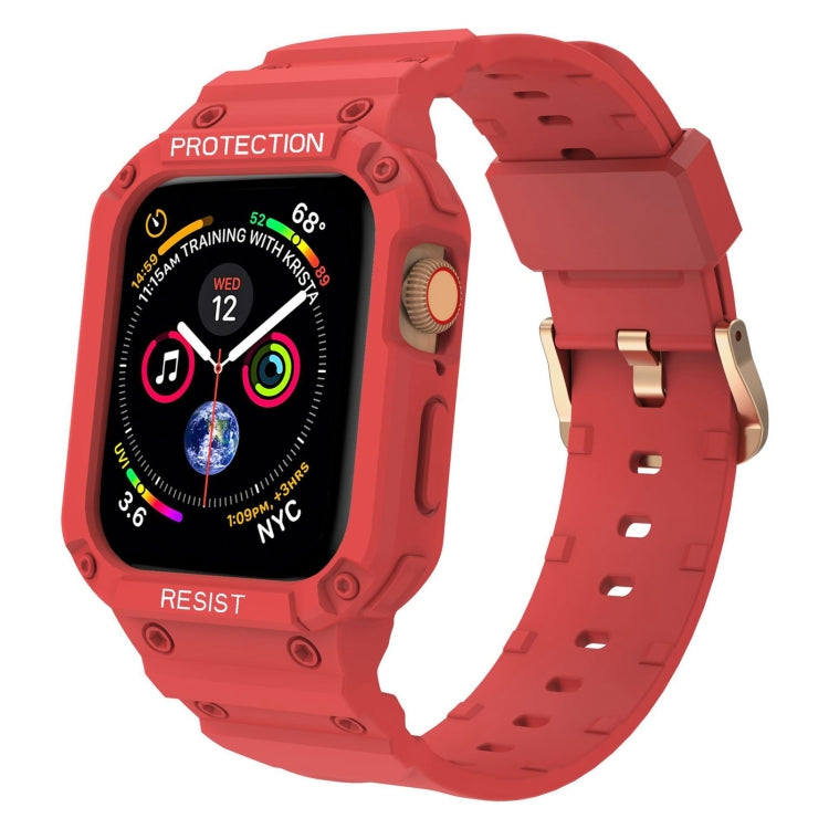 Red rugged Apple Watch strap with integrated protective case and perforated silicone band