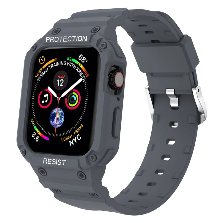 Dark gray protective Apple Watch case and perforated silicone strap with metal clasp