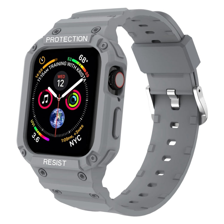 Light gray protective Apple Watch case and perforated silicone strap with protective bumper