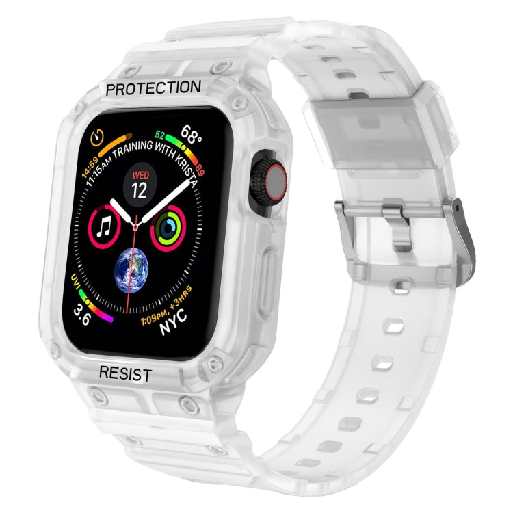 Clear protective Apple Watch case and perforated transparent silicone strap with clasp