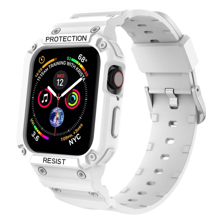 White rugged Apple Watch strap with integrated protective frame and silicone perforations