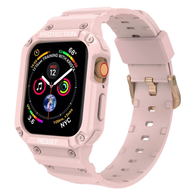 Light pink protective Apple Watch case and perforated silicone strap, secure metal clasp
