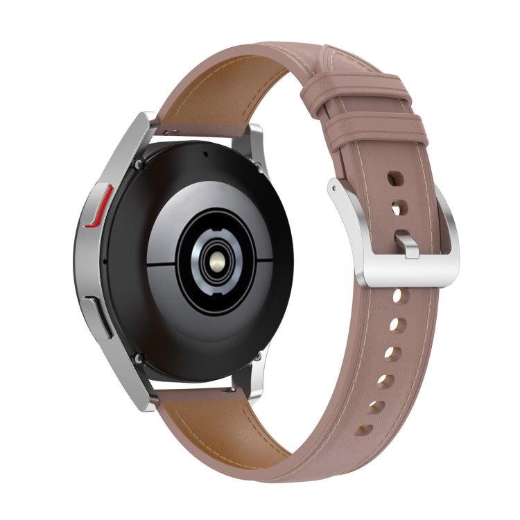 20mm leather watch strap with metal buckle and stitched holes, light mauve/pink color