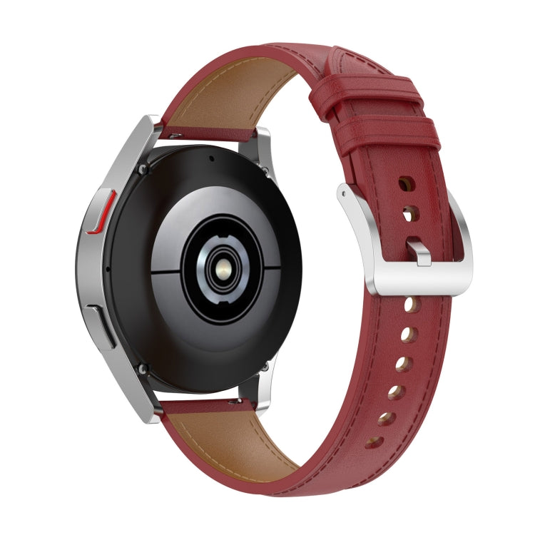 20mm leather watch strap with metal buckle and stitched holes, red color