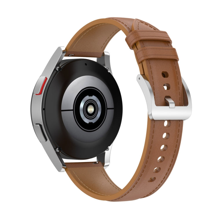 20mm leather watch strap with metal buckle and stitched holes, light brown color