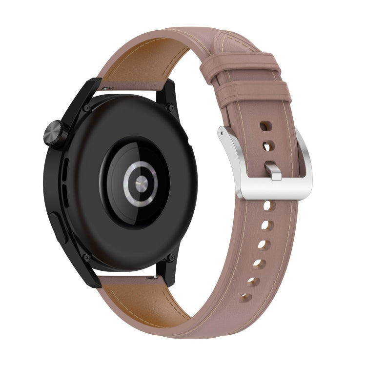 Light brown leather watch strap with stitched holes and silver buckle clasp.