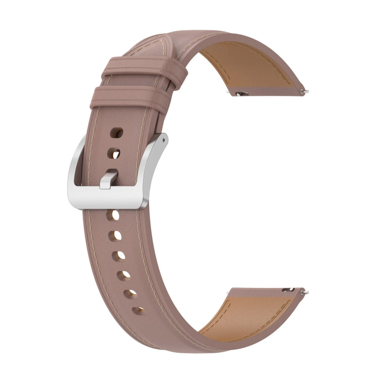 Light brown leather watch strap with pin buckle and evenly spaced adjustment holes.