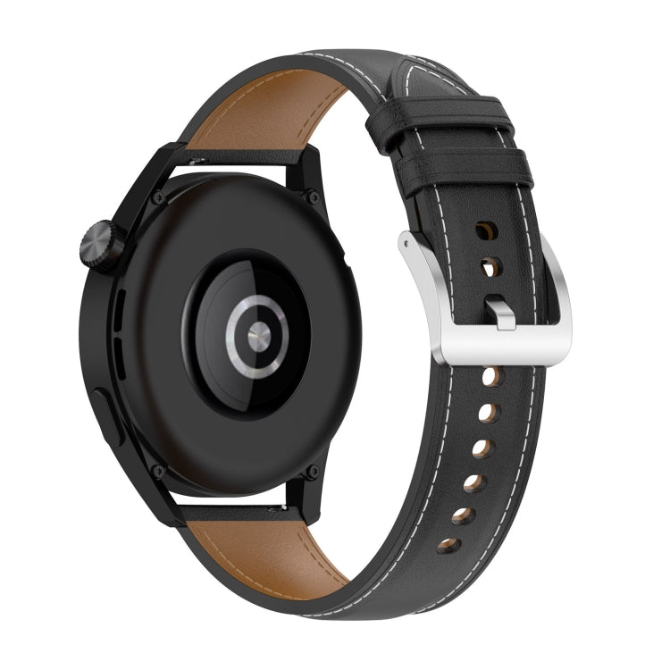 Black leather watch strap with silver buckle clasp and punched adjustment holes.