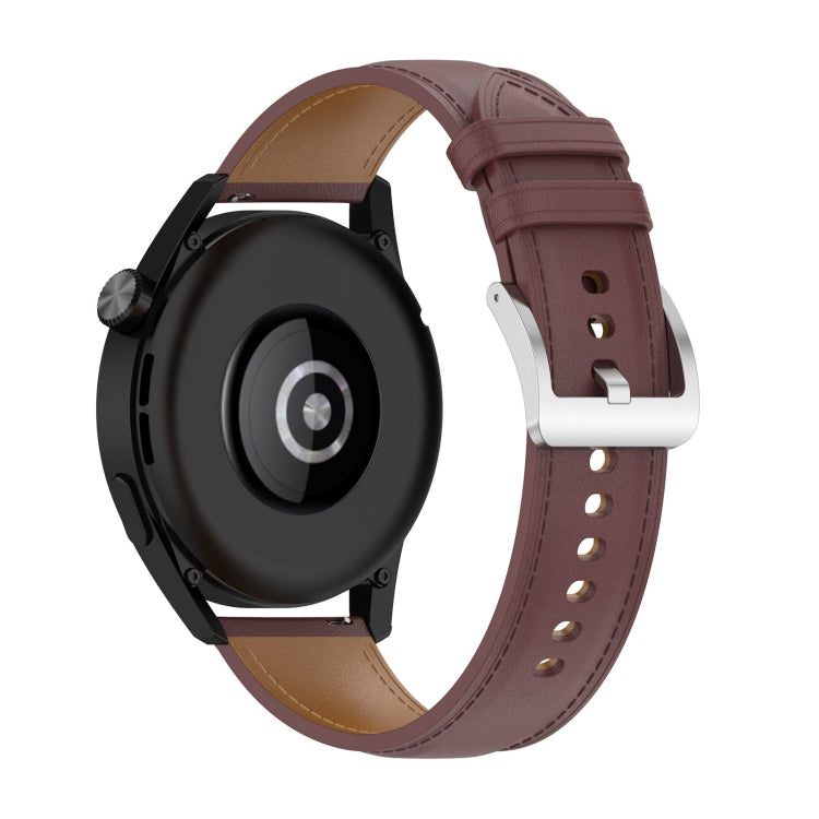 Burgundy leather watch strap with silver buckle clasp and stitched adjustment holes.