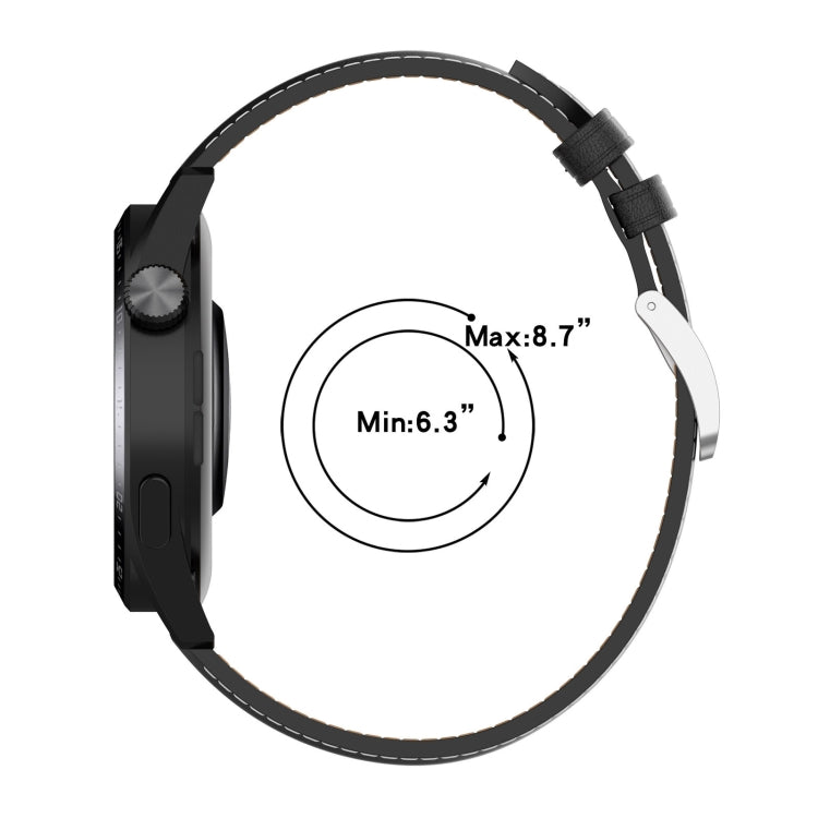 Black leather watch strap with white stitching, pin buckle, and adjustment holes.