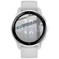 Clear protective film on round smartwatch display with white silicone band