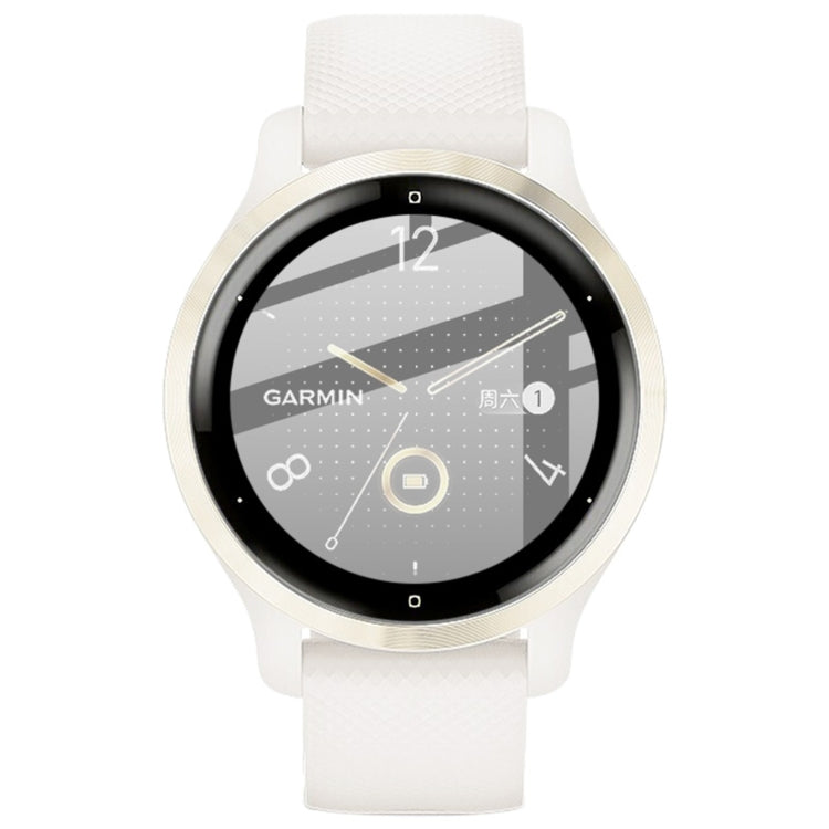 Transparent protective film on round smartwatch display with white silicone band