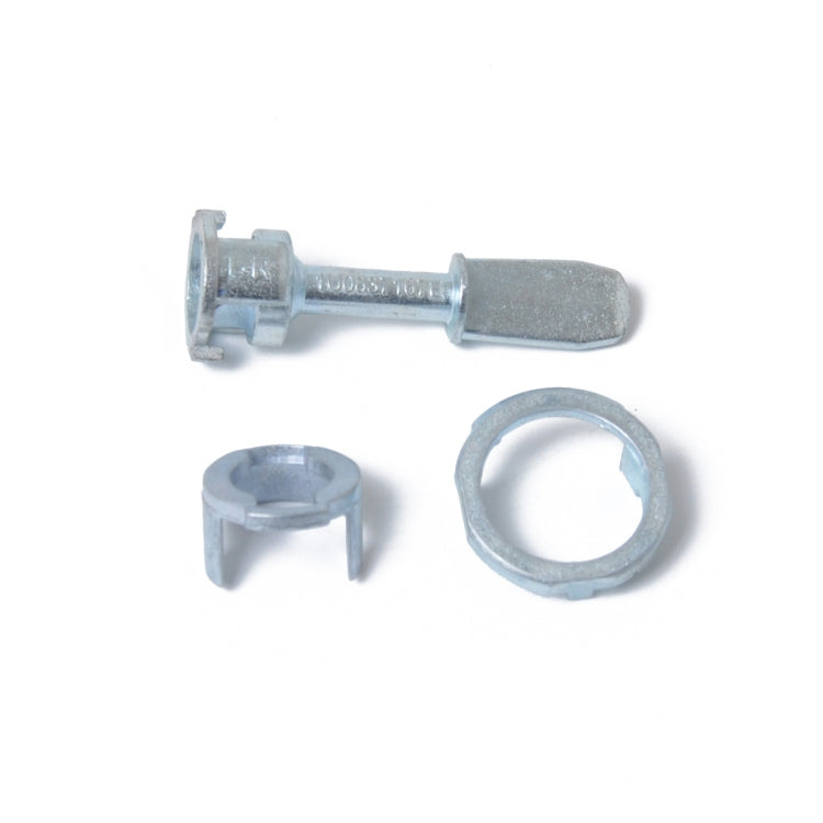Car door lock repair cylinder components: metal pin, round retaining ring, and two clips