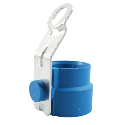 Trailer plug holder retainer with blue plastic cup and silver U-shaped metal clip