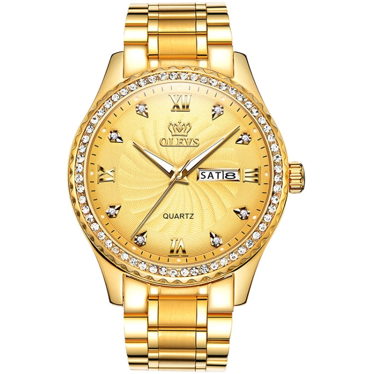Gold-tone men’s quartz watch with rhinestone bezel, textured dial, and metal strap