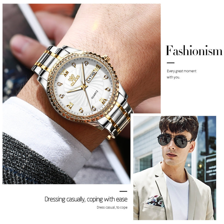 Two-tone stainless steel wristwatch with white dial, gold accents, and crystal bezel
