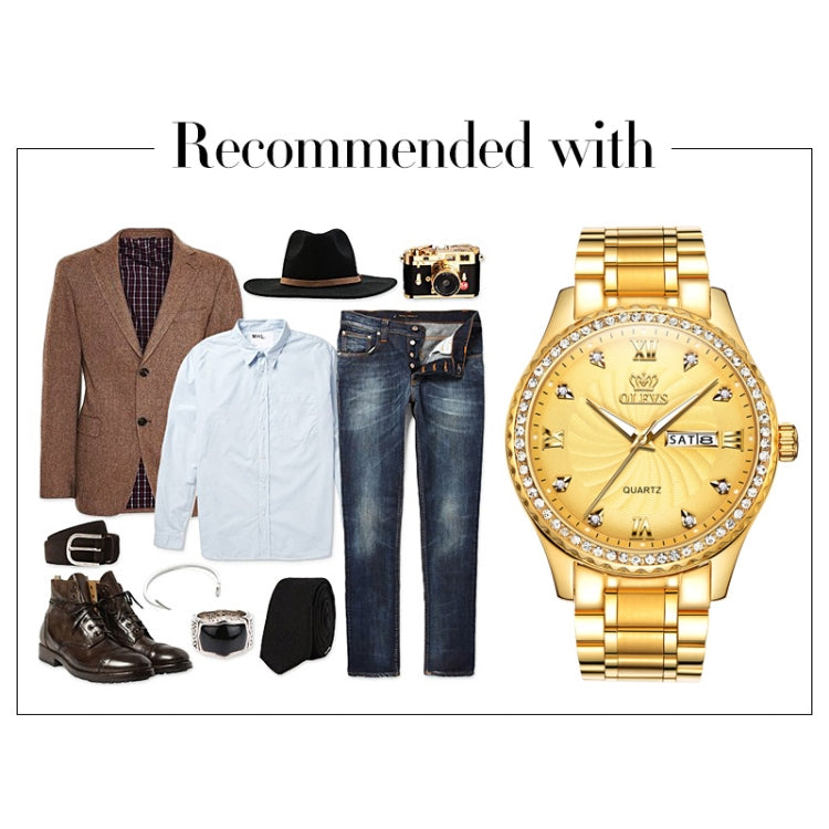 Gold-tone wristwatch with crystal bezel, gold dial, and two-tone metal bracelet