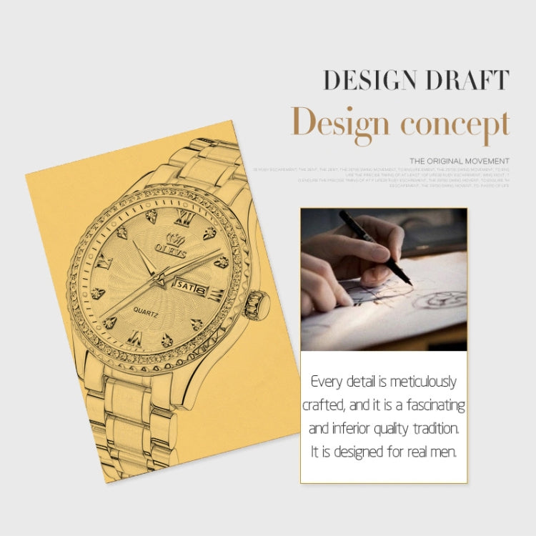 Gold-tone wristwatch design sketch with crystal bezel and Roman numeral markers