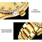 Gold-tone bracelet detail with polished links and rhinestone bezel accents